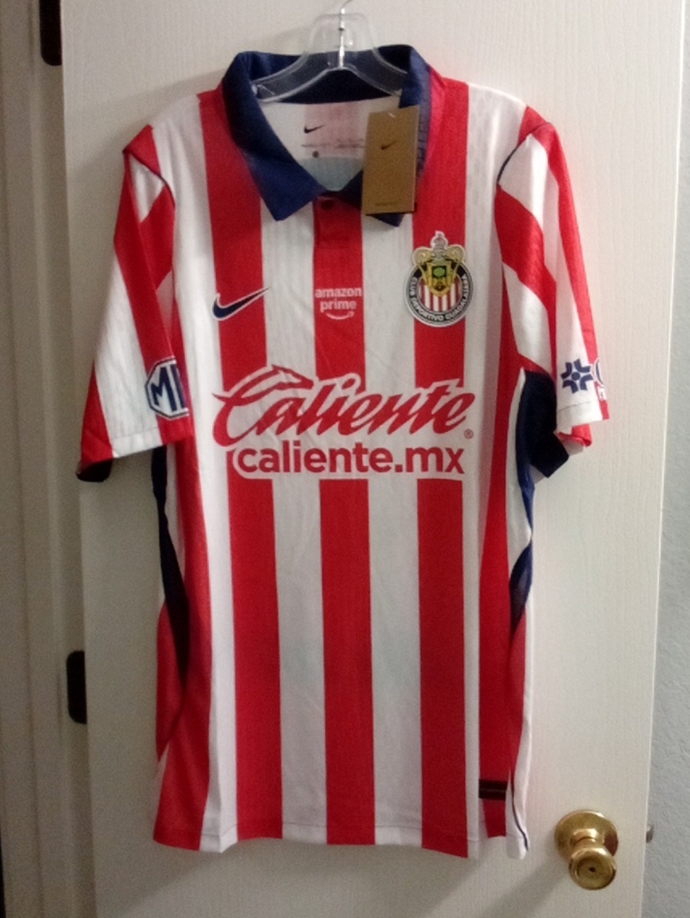 Nike Red and White Striped Soccer Jersey with Navy Collar